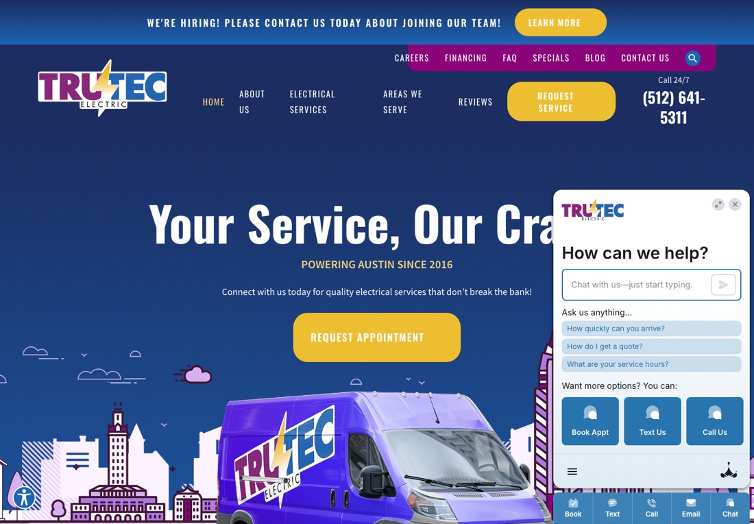 TruTec Electric homepage where an auto-opening chat widget covers the headline