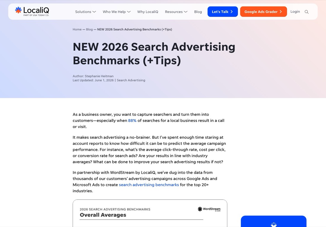 LocaliQ 2026 search advertising benchmarks page
