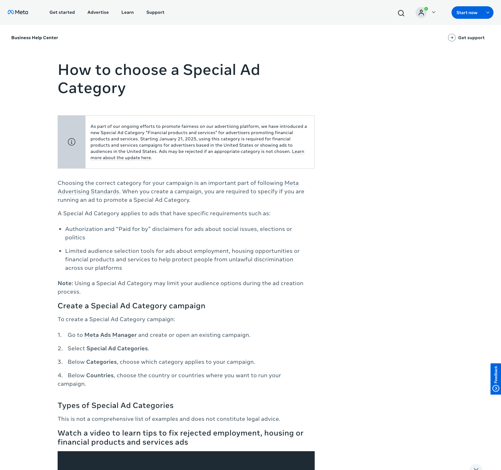 Meta Business Help Center page on choosing a Special Ad Category, listing the audience tools unavailable for housing ads