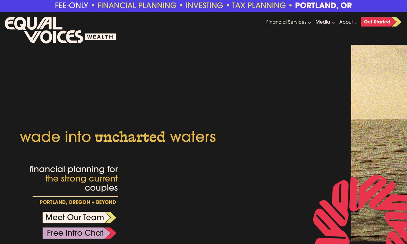 Equal Voices Wealth homepage with a banner reading Portland, Oregon and Beyond and the headline wade into uncharted waters