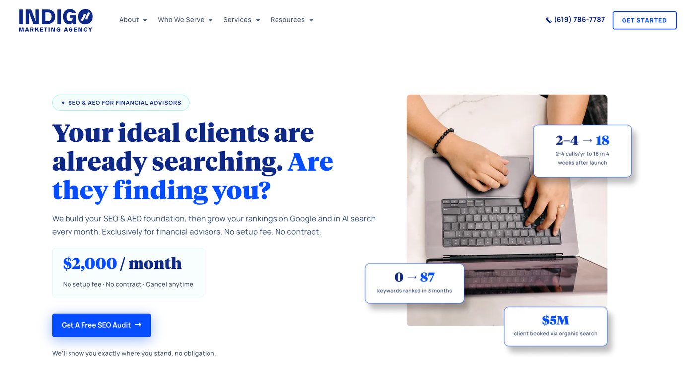 Indigo Marketing Agency SEO page with the price $2,000 a month, no setup fee, no contract, cancel anytime, and a Get A Free SEO Audit button