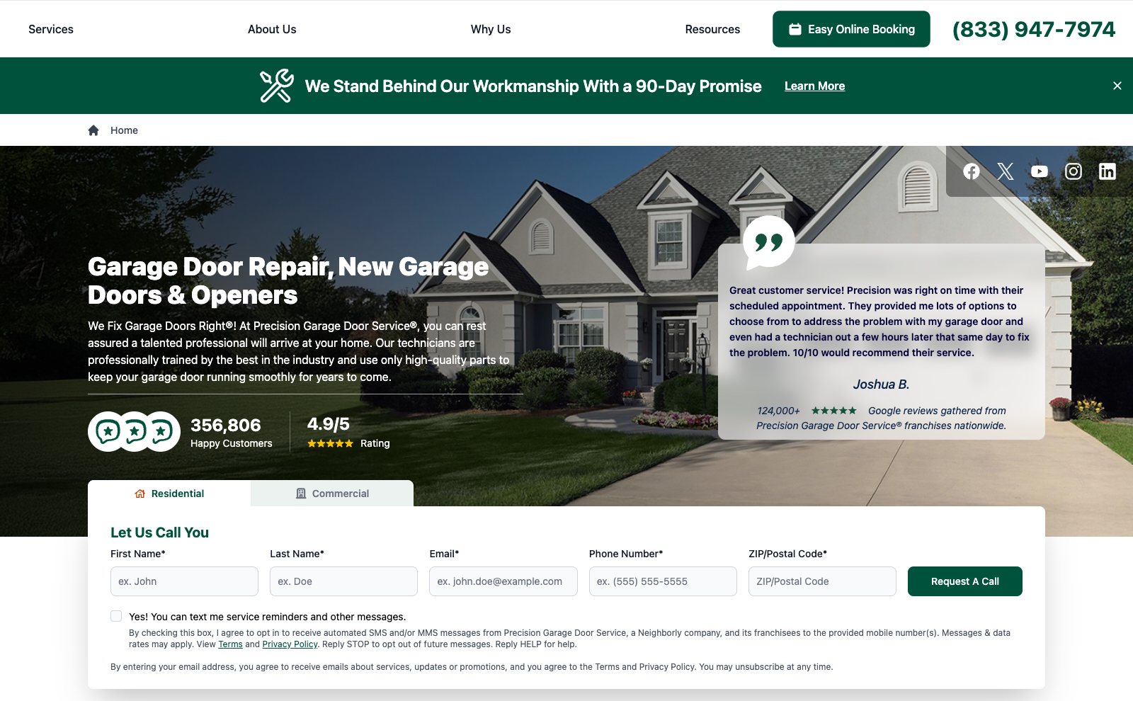 Precision Garage Door Service homepage with a phone number, a 24-hour service promise and a schedule-service button above the fold