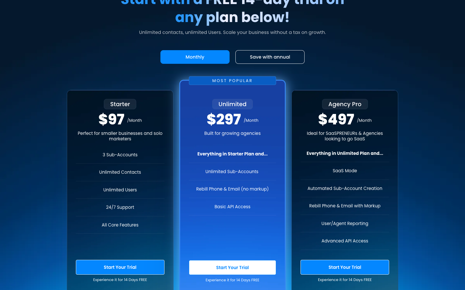 GoHighLevel pricing page showing Starter at 97 dollars, Unlimited at 297 dollars and Agency Pro at 497 dollars per month