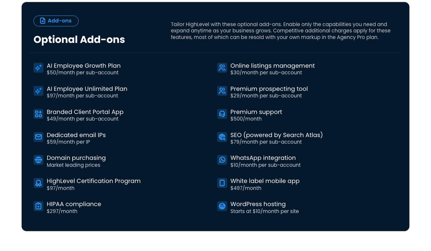 GoHighLevel optional add-ons list: AI Employee Growth 50 dollars and Unlimited 97 dollars per sub-account, HIPAA 297, premium support 500, white label mobile app 497, SEO 79, online listings 30