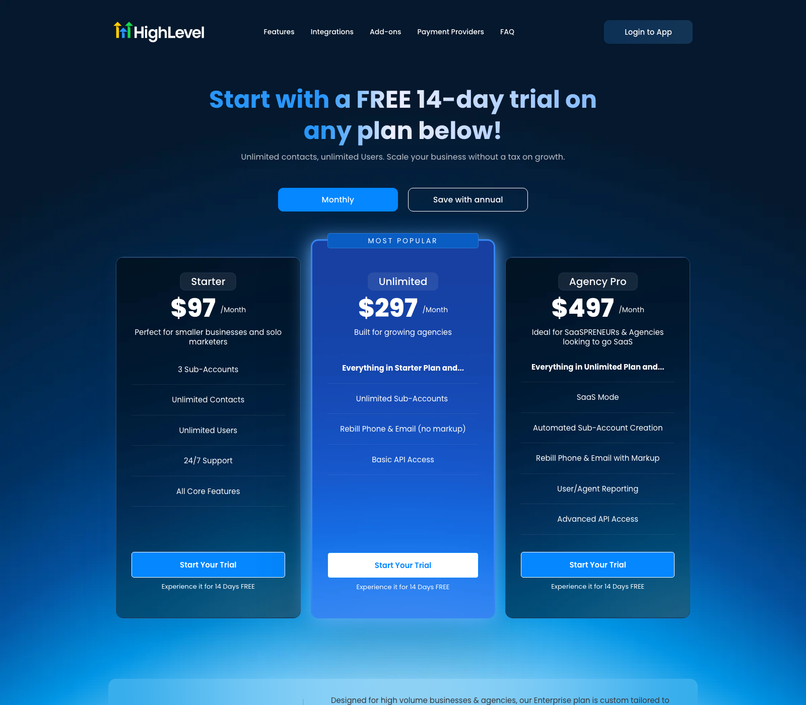 GoHighLevel pricing page showing Starter at 97 dollars, Unlimited at 297 dollars, and Agency Pro at 497 dollars per month with a 14 day free trial