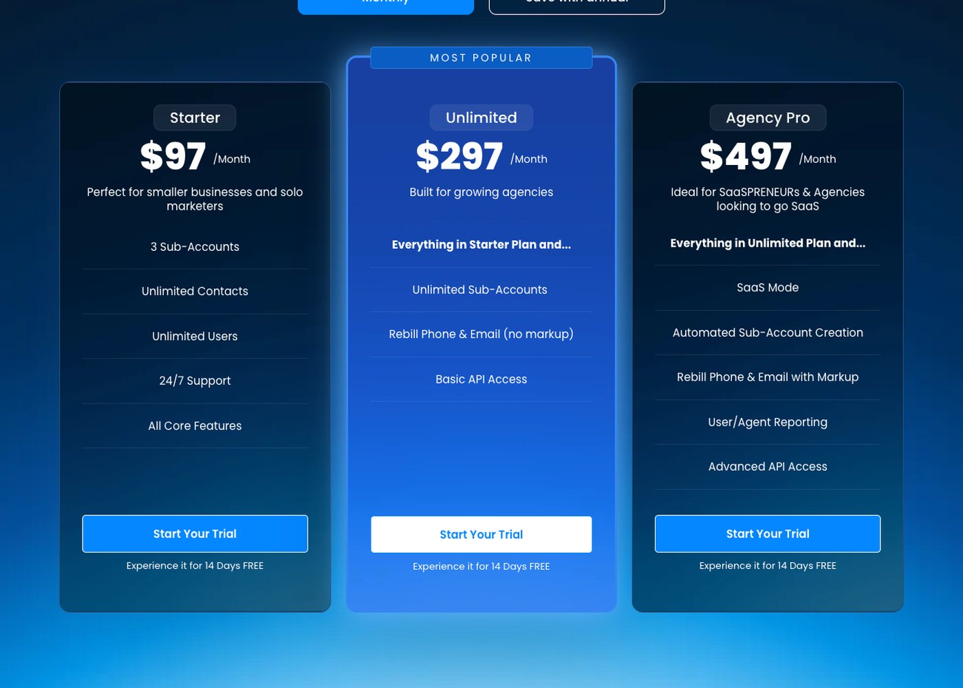 GoHighLevel pricing page showing Starter at 97 dollars a month, Unlimited at 297 and Agency Pro at 497, each with a 14-day trial