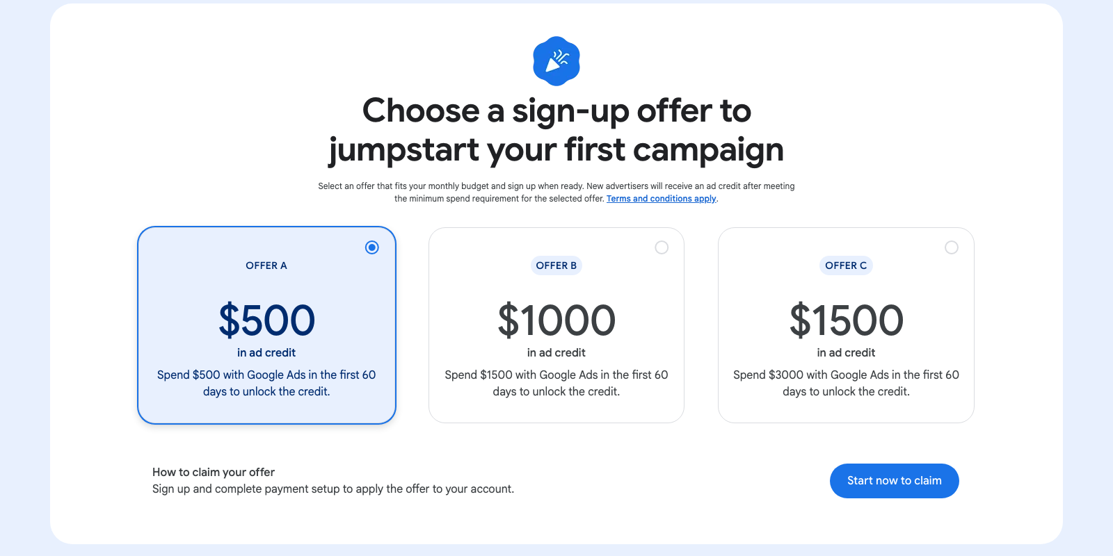 Google Ads sign-up offers: $500 credit after spending $500, $1,000 after $1,500, $1,500 after $3,000, all within the first 60 days