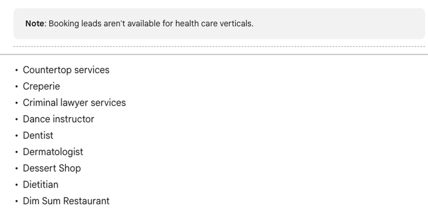 Google Local Services Ads getting-started page listing eligible US categories including Dentist and Orthodontist, with the note that booking leads are not available for health care verticals
