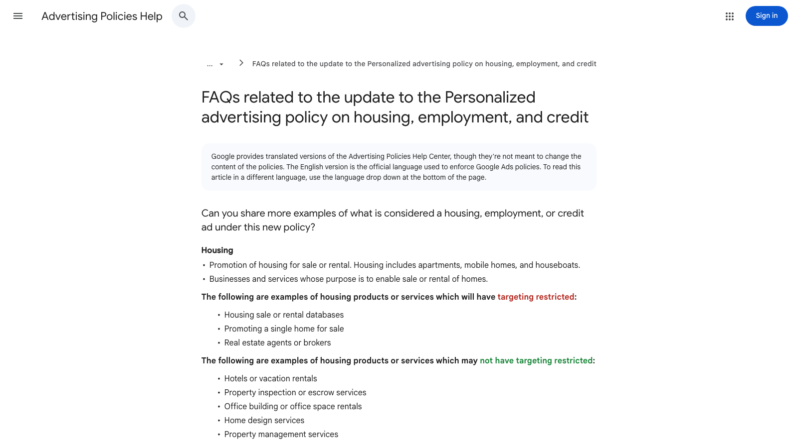 Google Ads policy help page listing the targeting restrictions for housing, employment and credit advertisers
