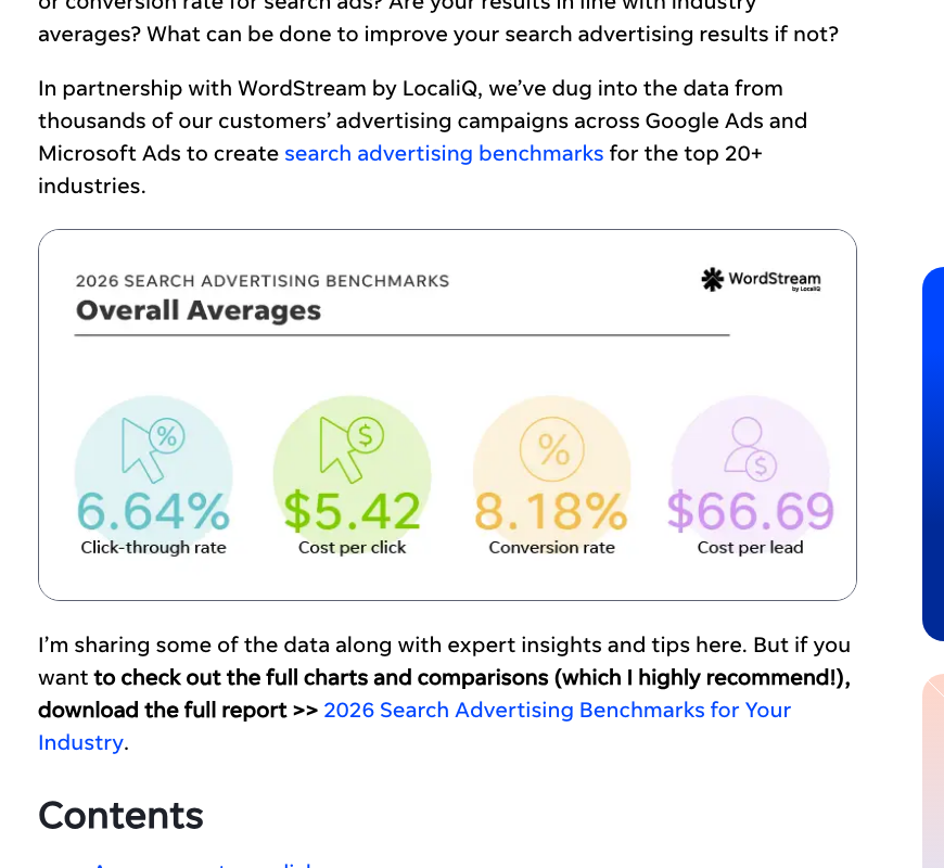 LocaliQ 2026 search advertising benchmarks page showing industry rows for click-through rate, cost per click, conversion rate and cost per lead