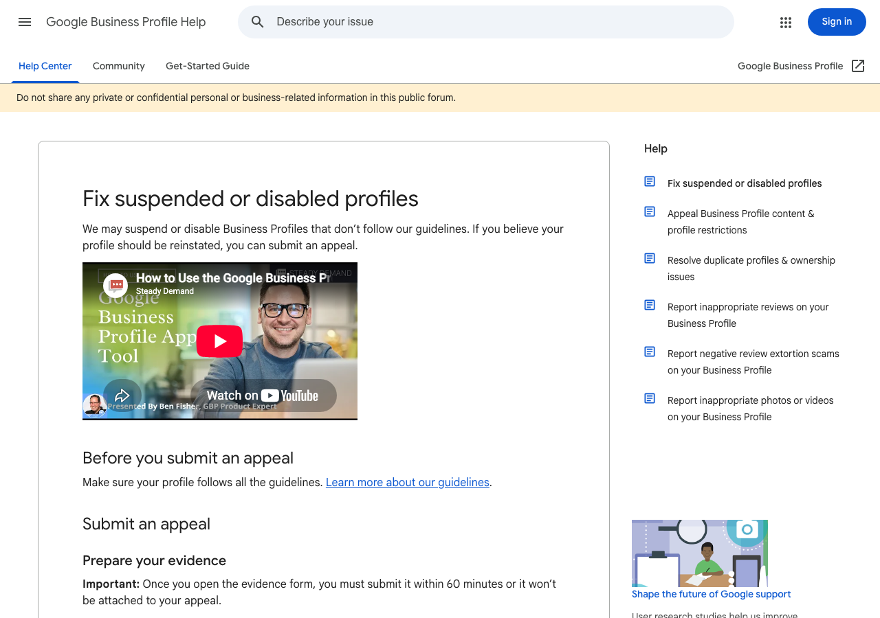 Google Business Profile Help page titled Fix suspended or disabled profiles, showing the Before you submit an appeal and Prepare your evidence sections and the 60-minute limit in bold