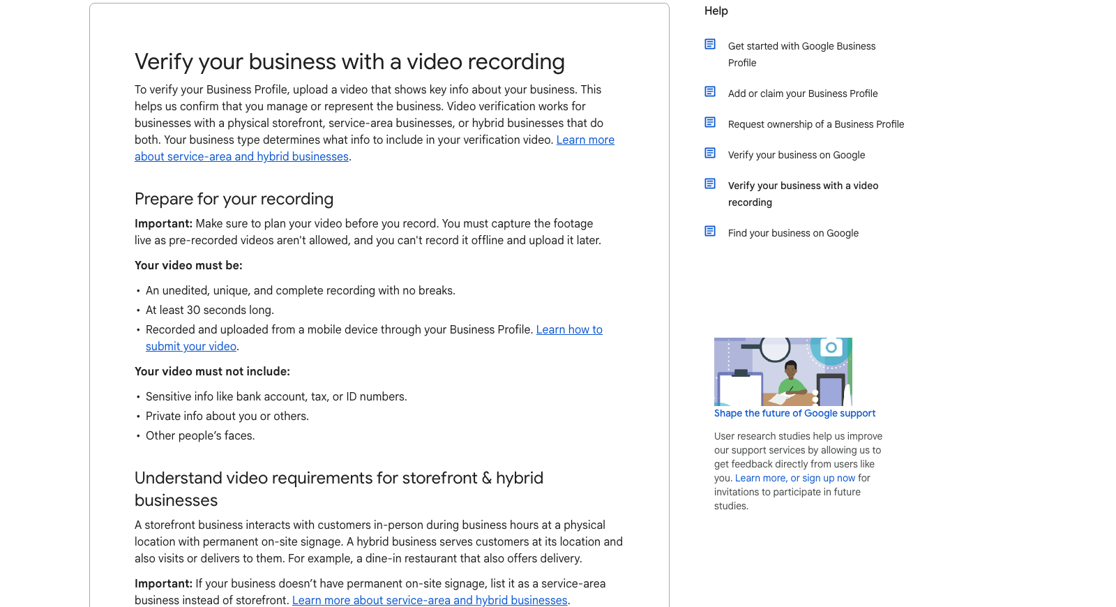 Google Business Profile Help page titled Verify your business with a video recording, listing that the video must be unedited, at least 30 seconds, recorded live from a mobile device, and must not show sensitive info or other people's faces