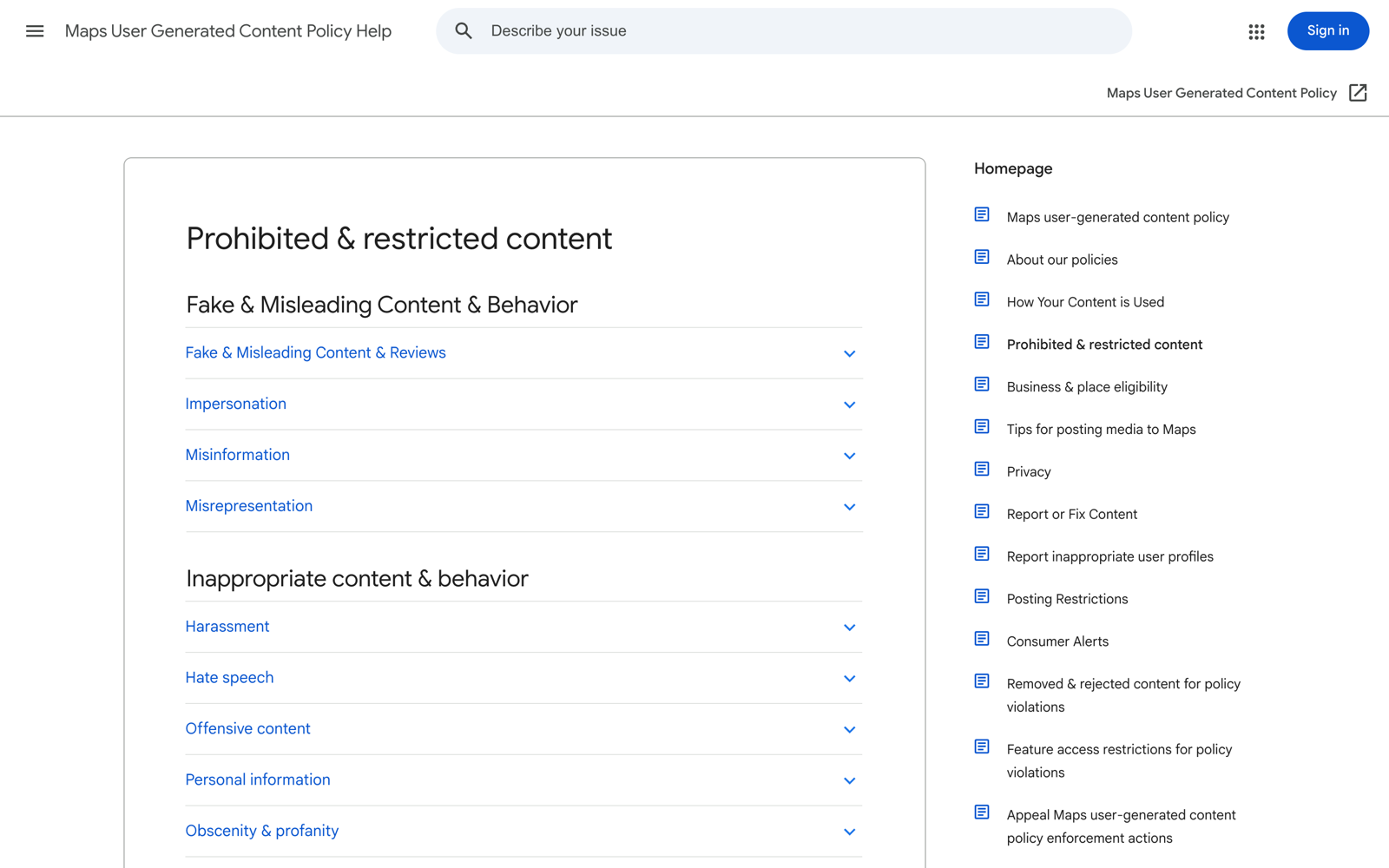 Google's Maps user-generated content policy page listing prohibited and restricted content categories including fake and misleading content, impersonation, and misinformation