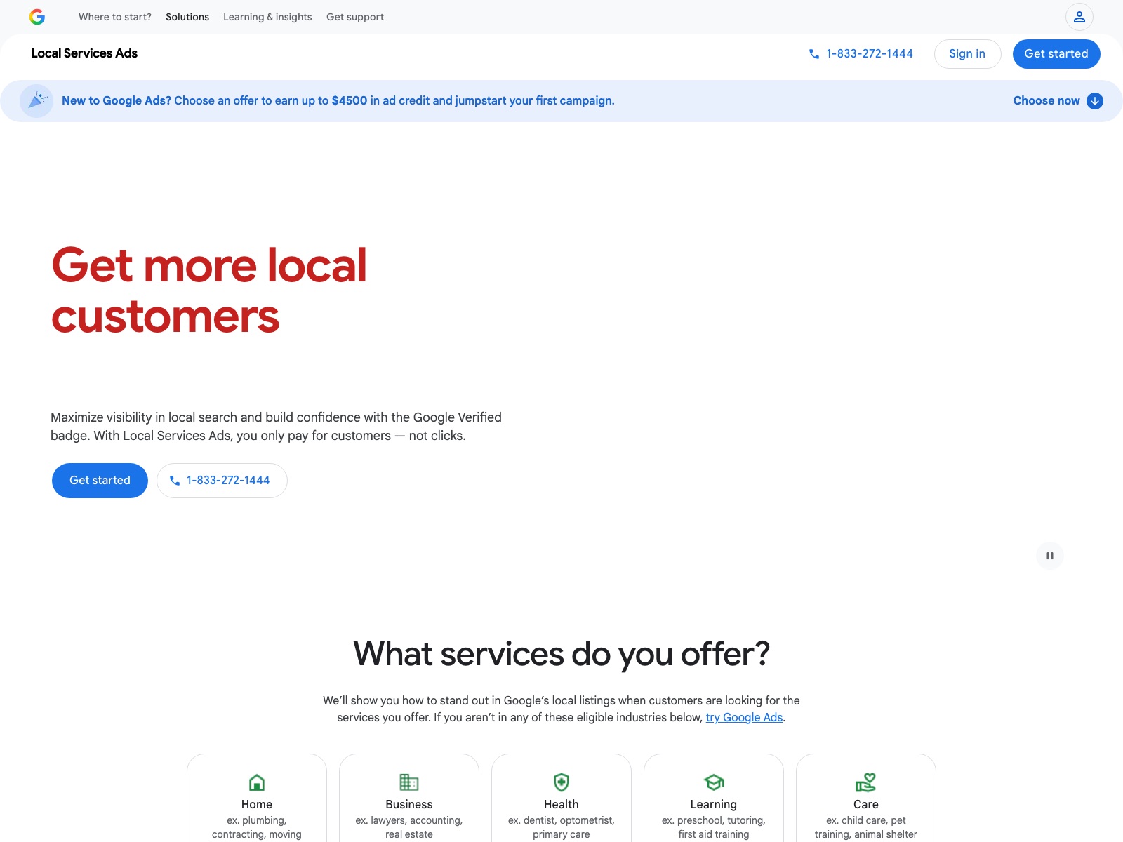 Google Local Services Ads landing page showing the Google Verified badge and the pay-per-lead model
