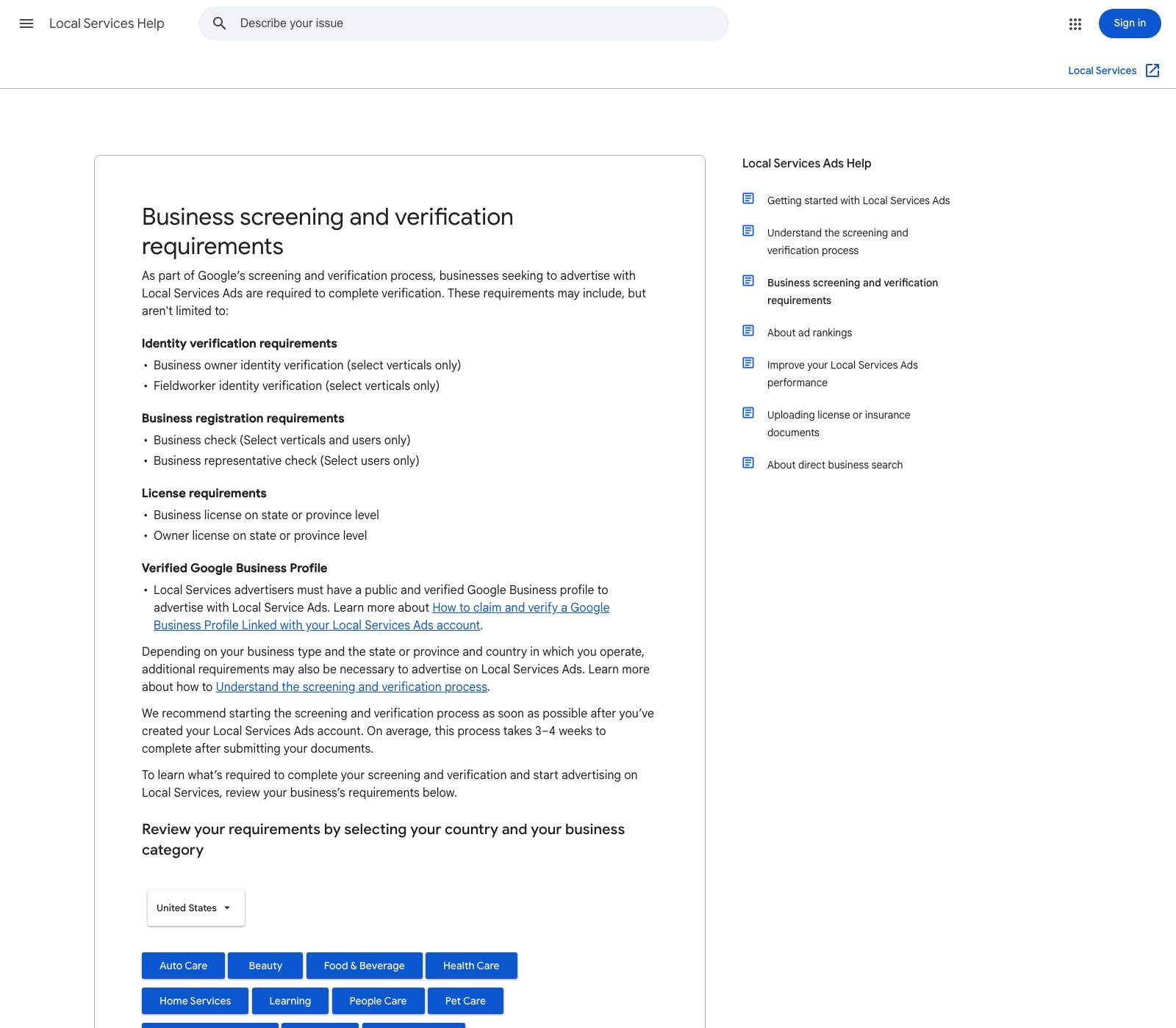 Google Local Services help page listing screening and verification requirements by business category