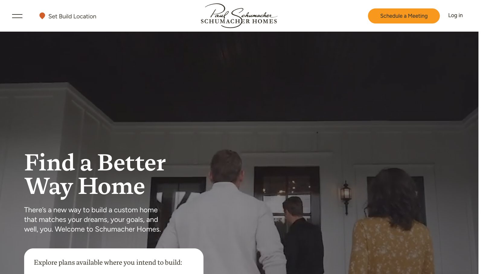 Schumacher Homes homepage with build on your lot messaging, a browse plans call to action and photography of finished custom homes