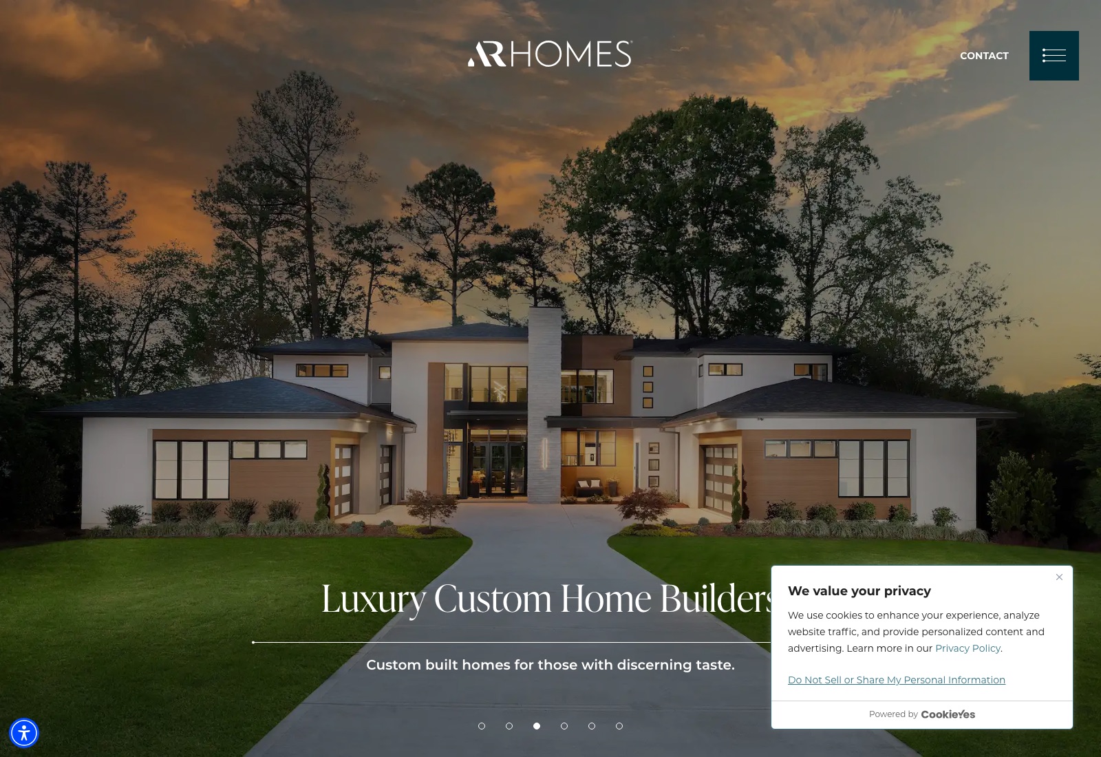 AR Homes luxury custom home builder homepage with a full-bleed exterior photo and a Luxury Custom Home Builders headline