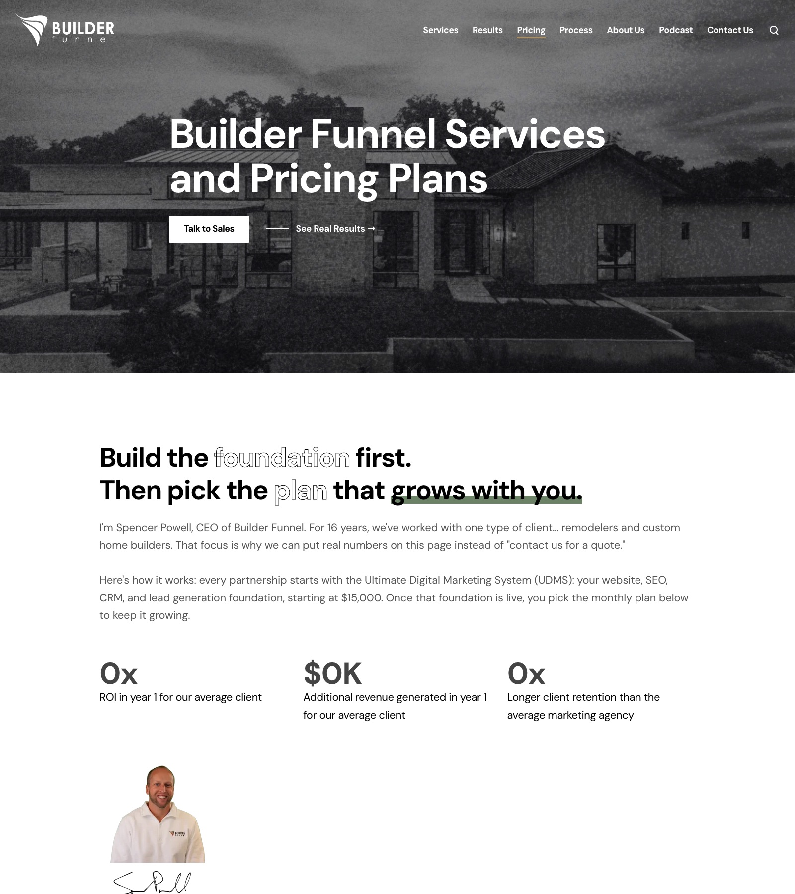 Builder Funnel pricing page showing a 15,000 dollar foundation package and monthly retainers from 3,500 to 7,500