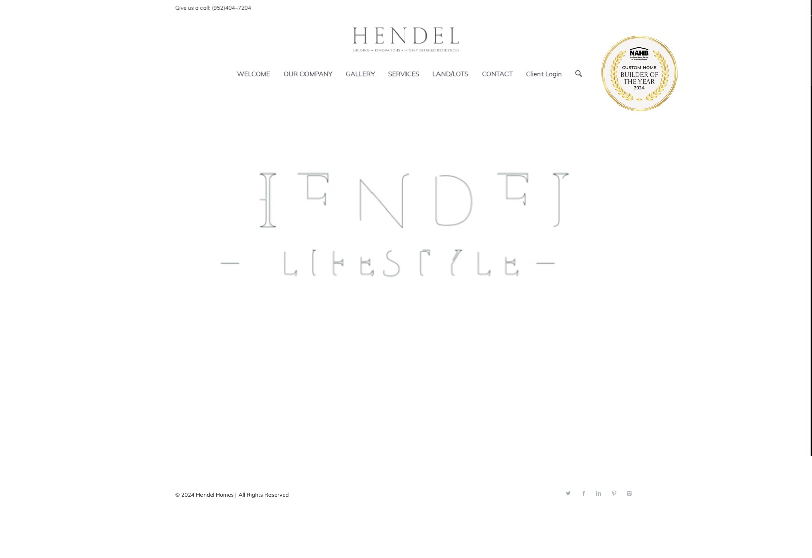 Hendel Homes homepage as a crawler sees it: a blank animated hero outline, a navigation bar and an NAHB builder of the year badge