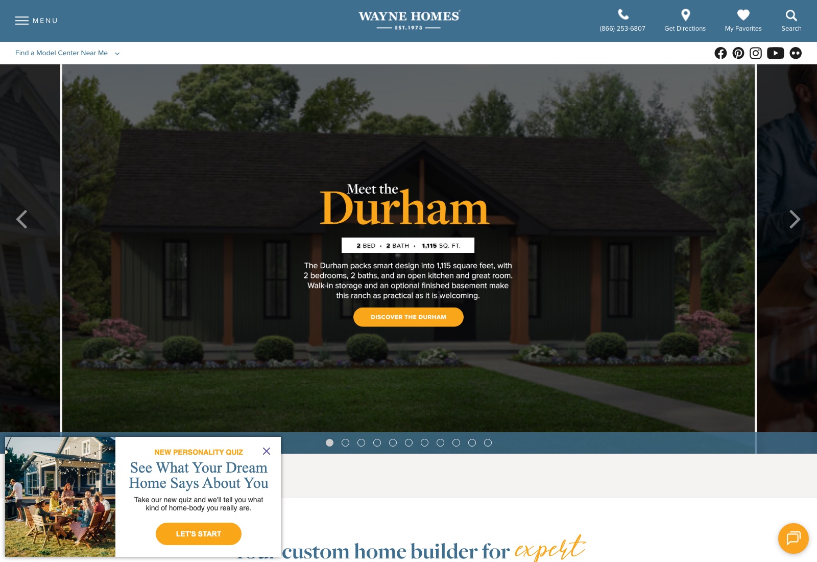 Wayne Homes homepage featuring the Durham plan with 2 bedrooms, 2 bathrooms and 1,115 square feet, plus a model center finder and a quiz popup