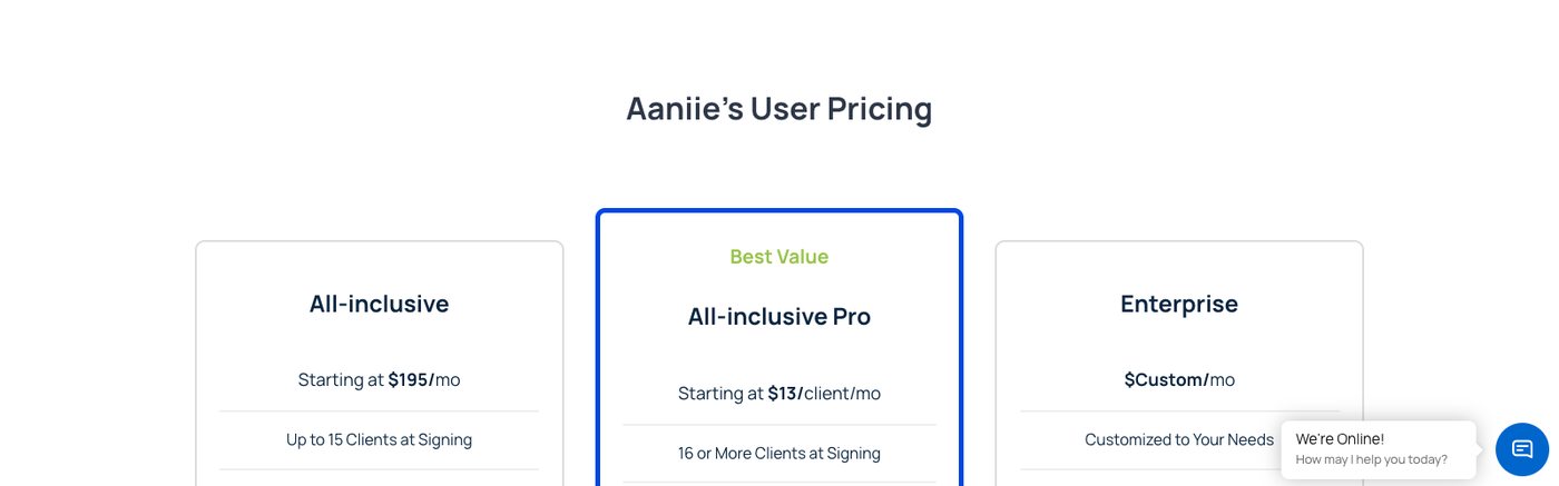 Aaniie pricing page showing All-inclusive starting at $195 a month for up to 15 clients, All-inclusive Pro starting at $13 per client a month, and Enterprise custom