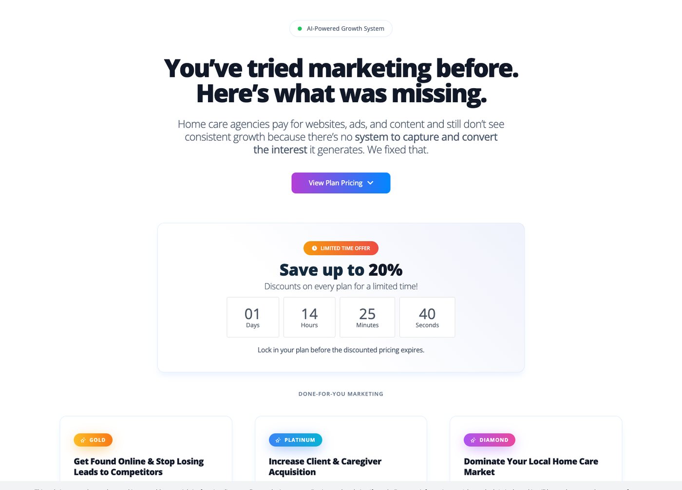 Home Care Marketing Pros pricing page with a limited time offer banner reading Save up to 20 percent and a countdown clock, above Gold, Platinum and Diamond plan headings