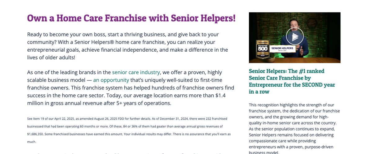 Senior Helpers franchise page stating the average location earns more than $1.4 million in gross annual revenue after five or more years, with the Item 19 footnote that 232 franchised businesses had operated 60 months or more