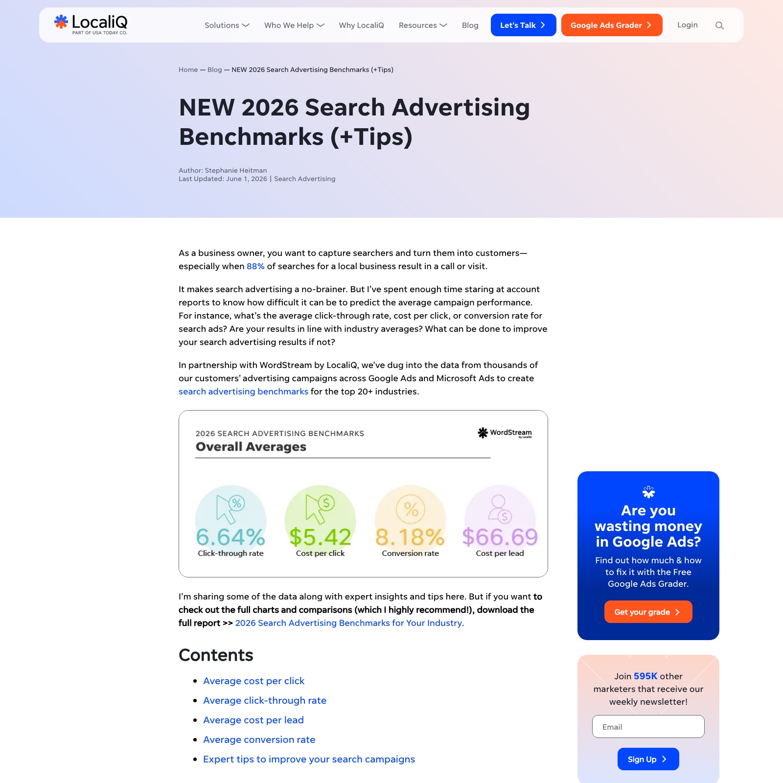 LocaliQ 2026 search advertising benchmarks page with cost per click and cost per lead by industry