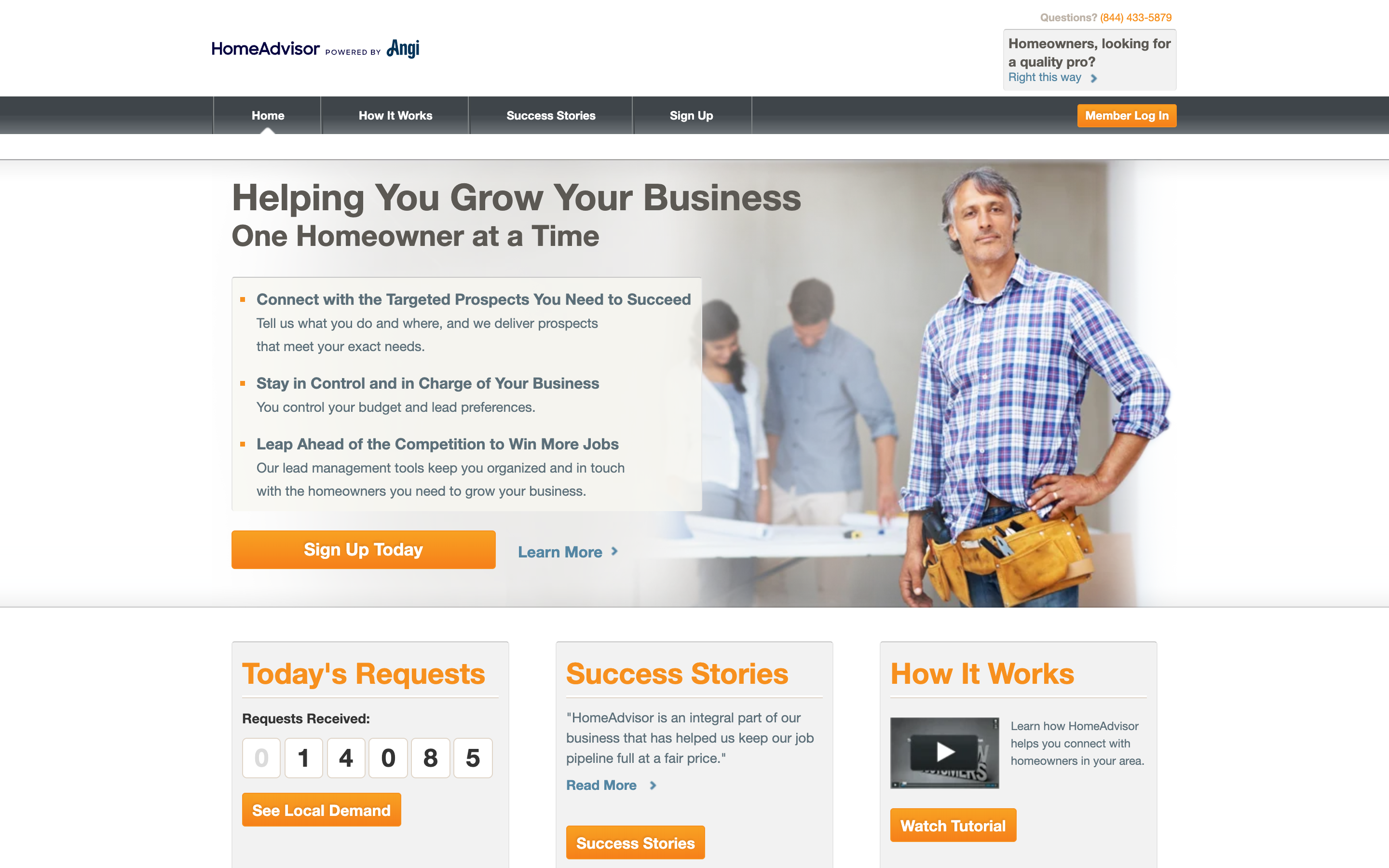 HomeAdvisor Pro signup page promising targeted prospects, budget control, and lead management tools, with Angi branding in the header