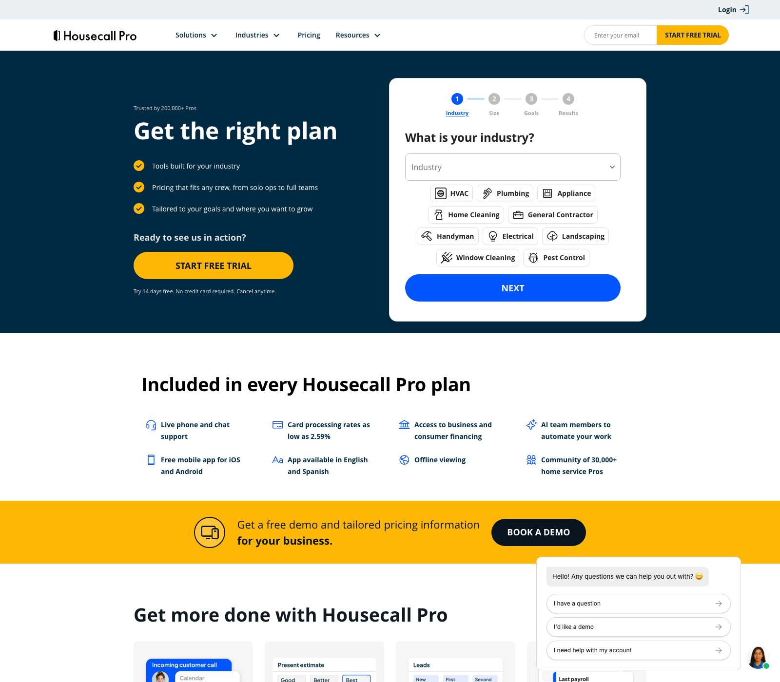 Housecall Pro pricing page opening with a four-step plan picker quiz asking for your industry instead of showing plan prices