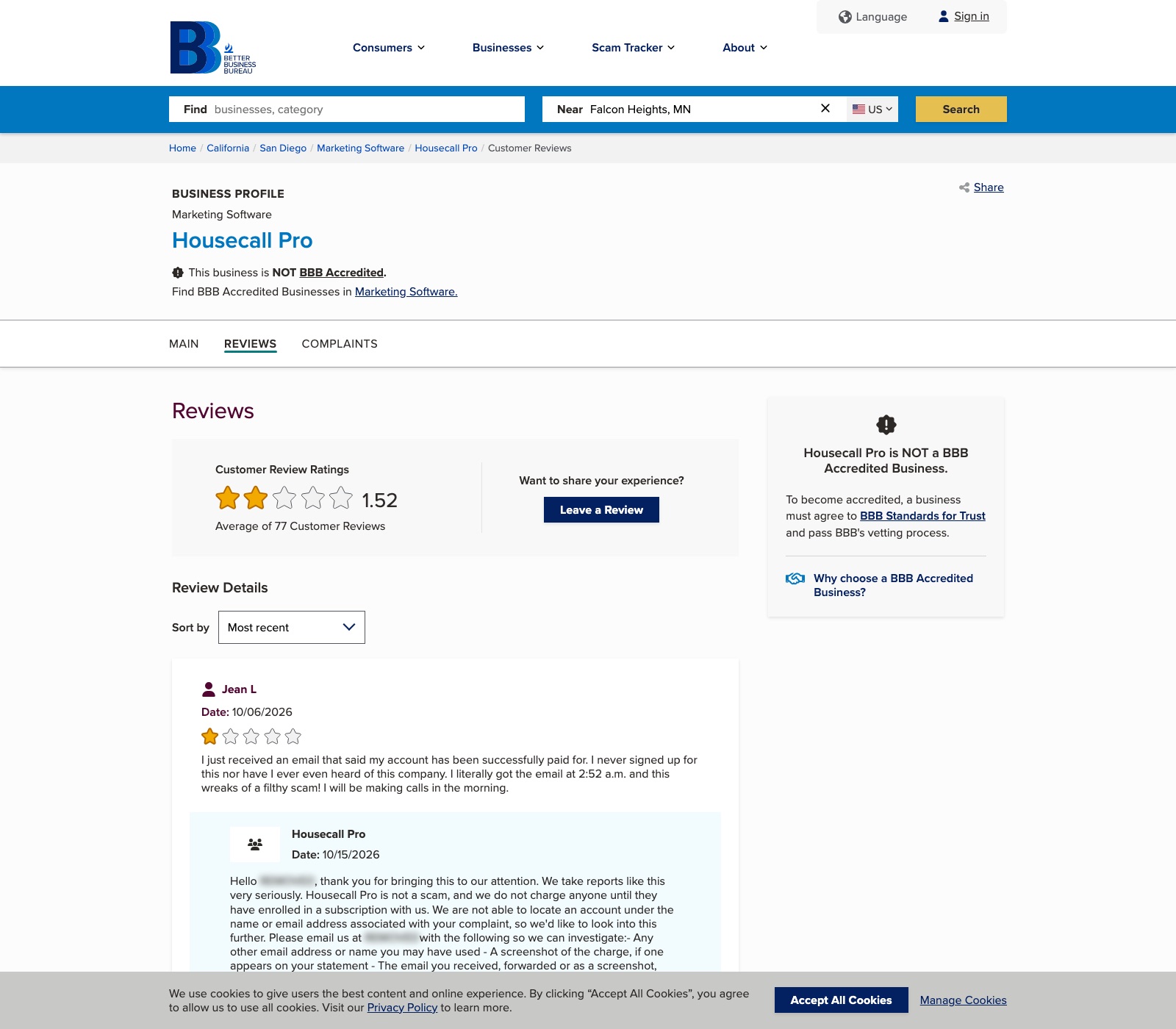 Better Business Bureau Housecall Pro customer reviews page showing a 1.52 out of 5 average across 77 reviews and not accredited