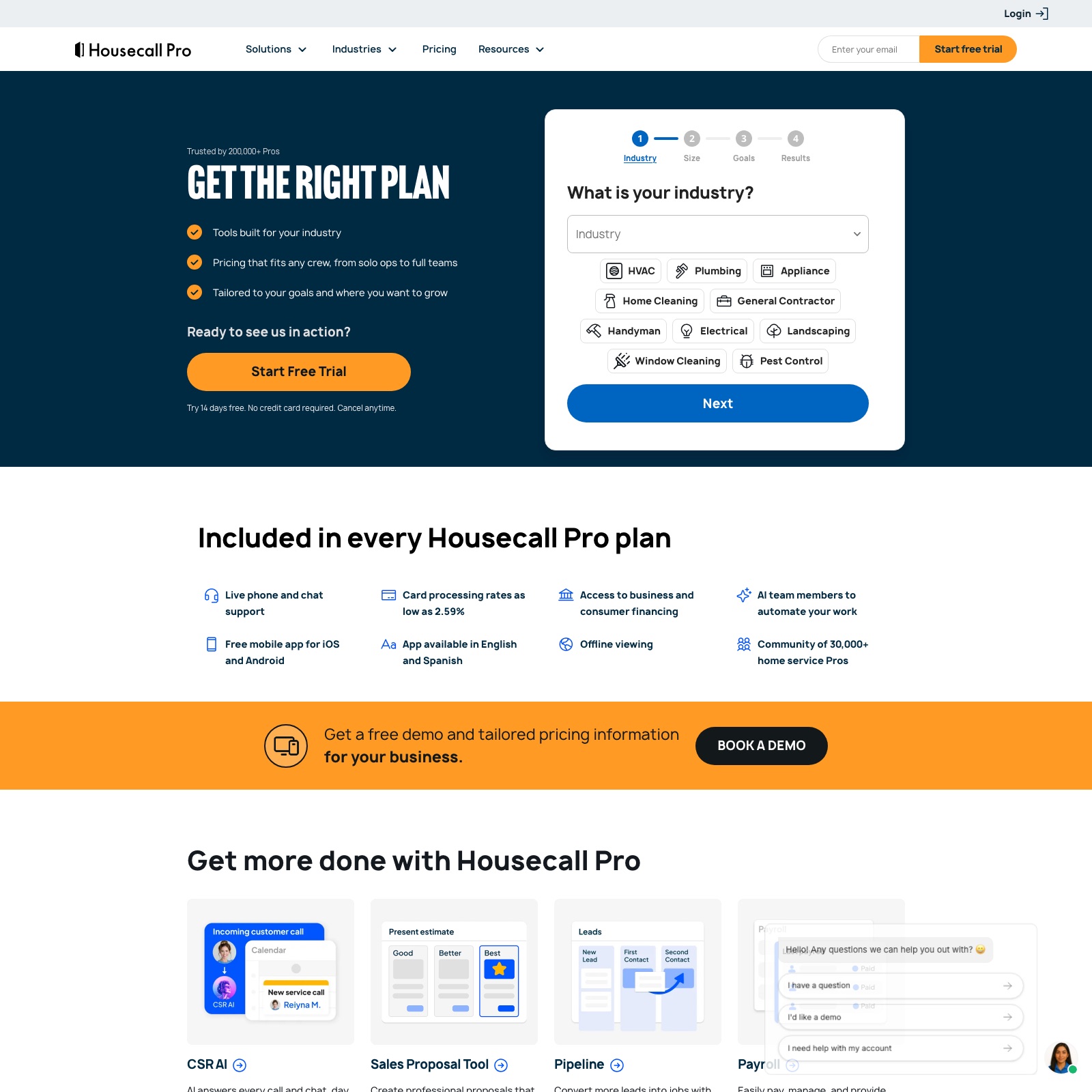 Housecall Pro pricing page showing Basic, Essentials and MAX plans
