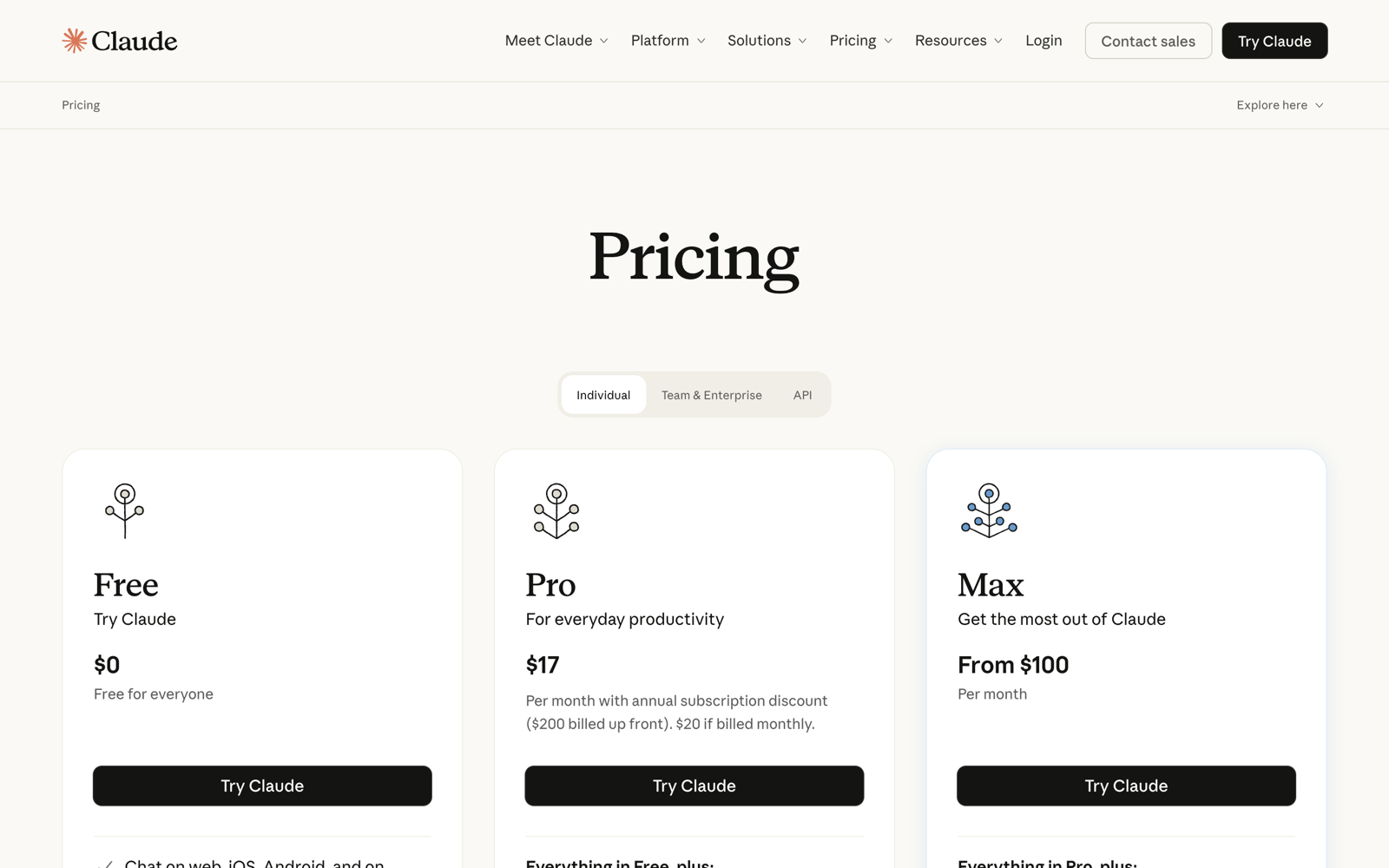 Claude pricing page showing Free at $0, Pro at $17 per month with annual billing, and Max from $100 per month
