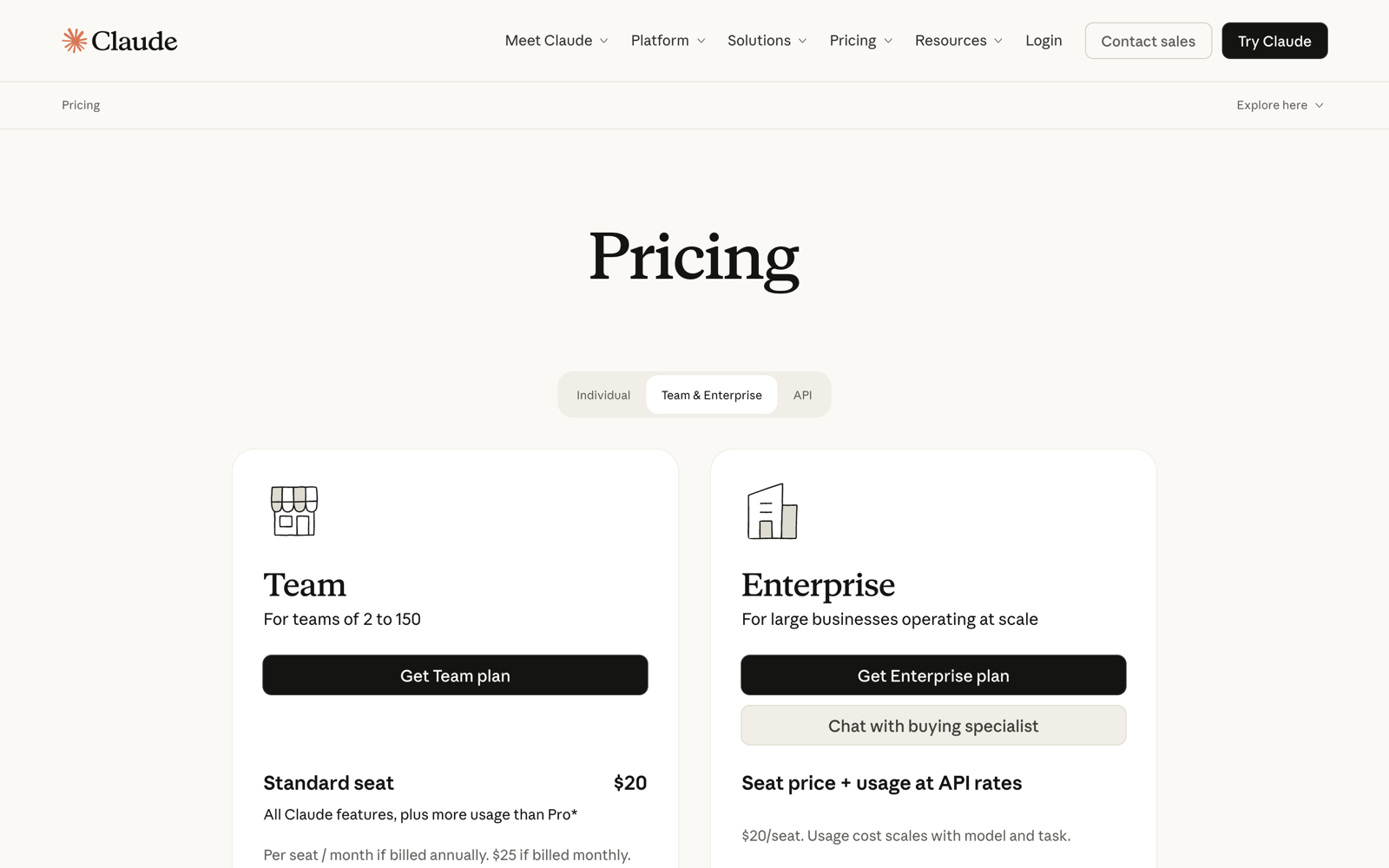 Claude pricing page Team and Enterprise tab showing Team at $20 per standard seat for teams of 2 to 150 and Enterprise at seat price plus API usage