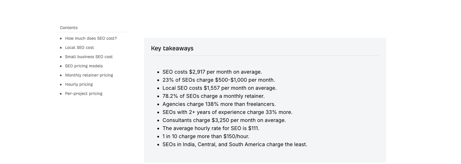 Ahrefs SEO pricing survey key takeaways listing an average of 2,917 dollars per month and 1,557 per month for local SEO