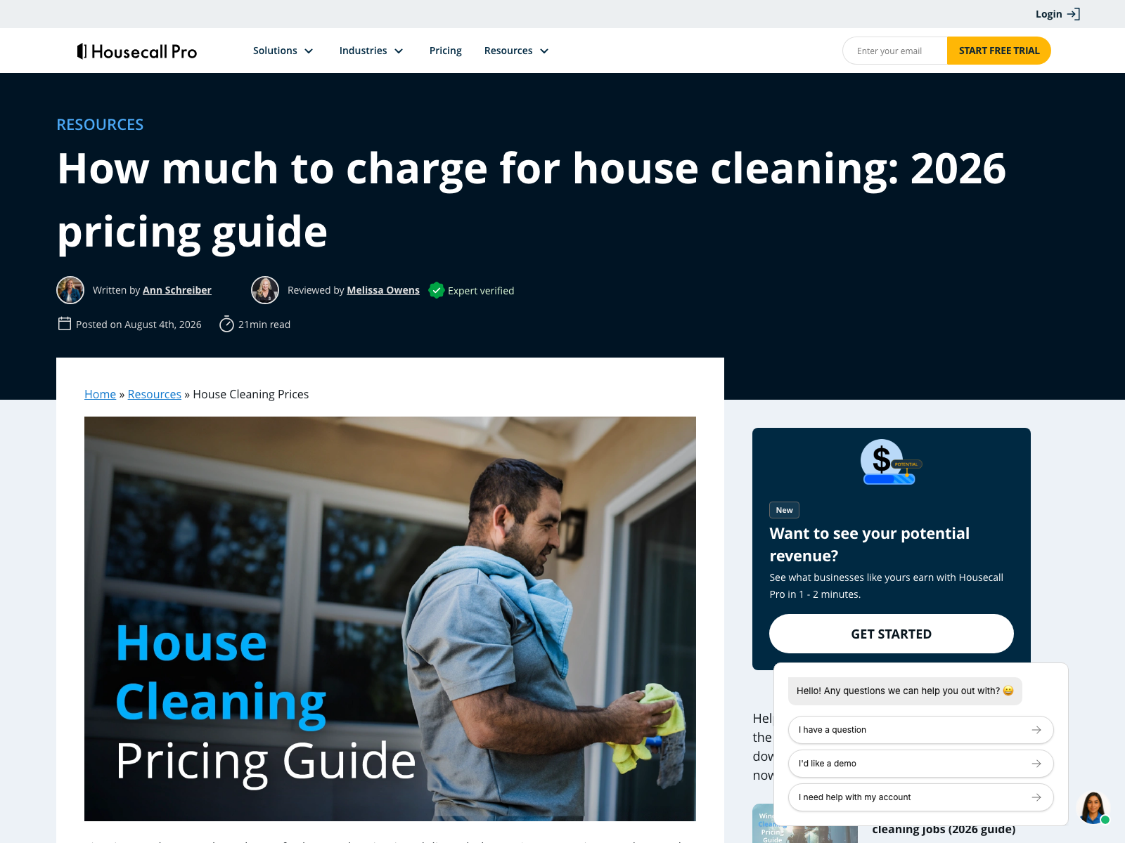 Housecall Pro 2026 house cleaning pricing guide, an expert-reviewed survey of what cleaning businesses charge