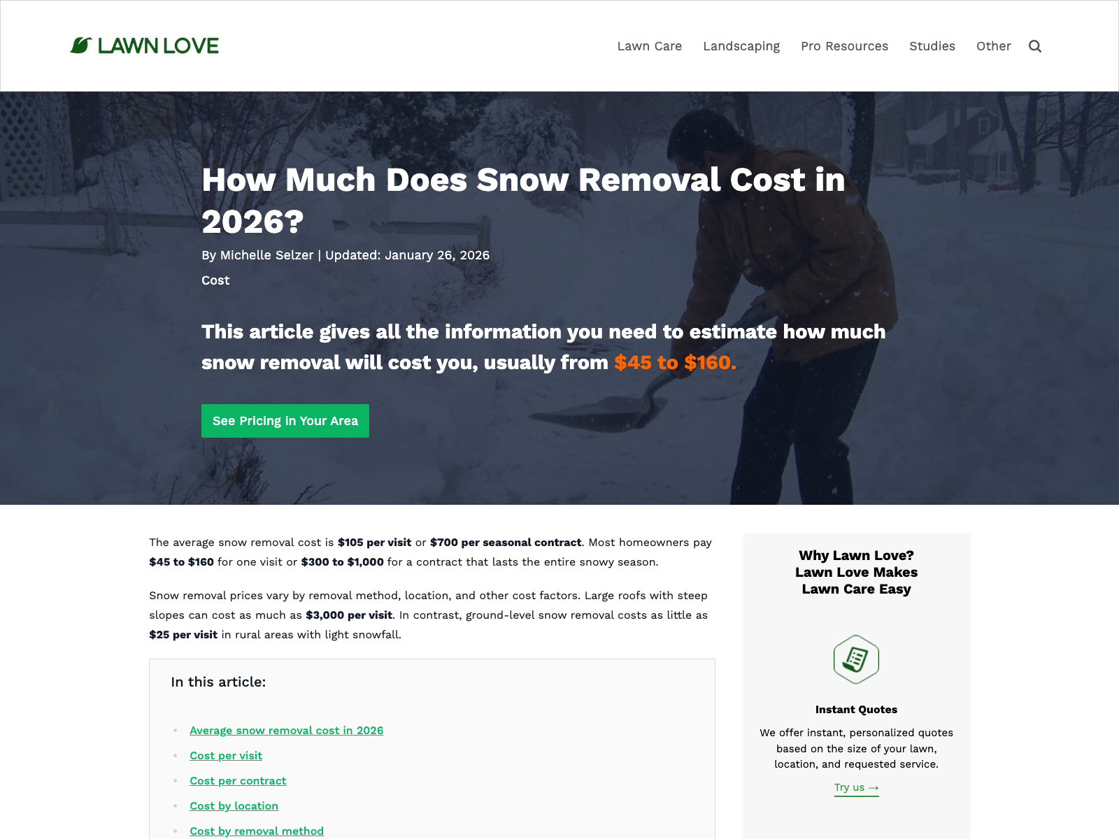 Lawn Love 2026 snow removal cost guide reporting a 105 dollar average per visit and typical range of 45 to 160 dollars