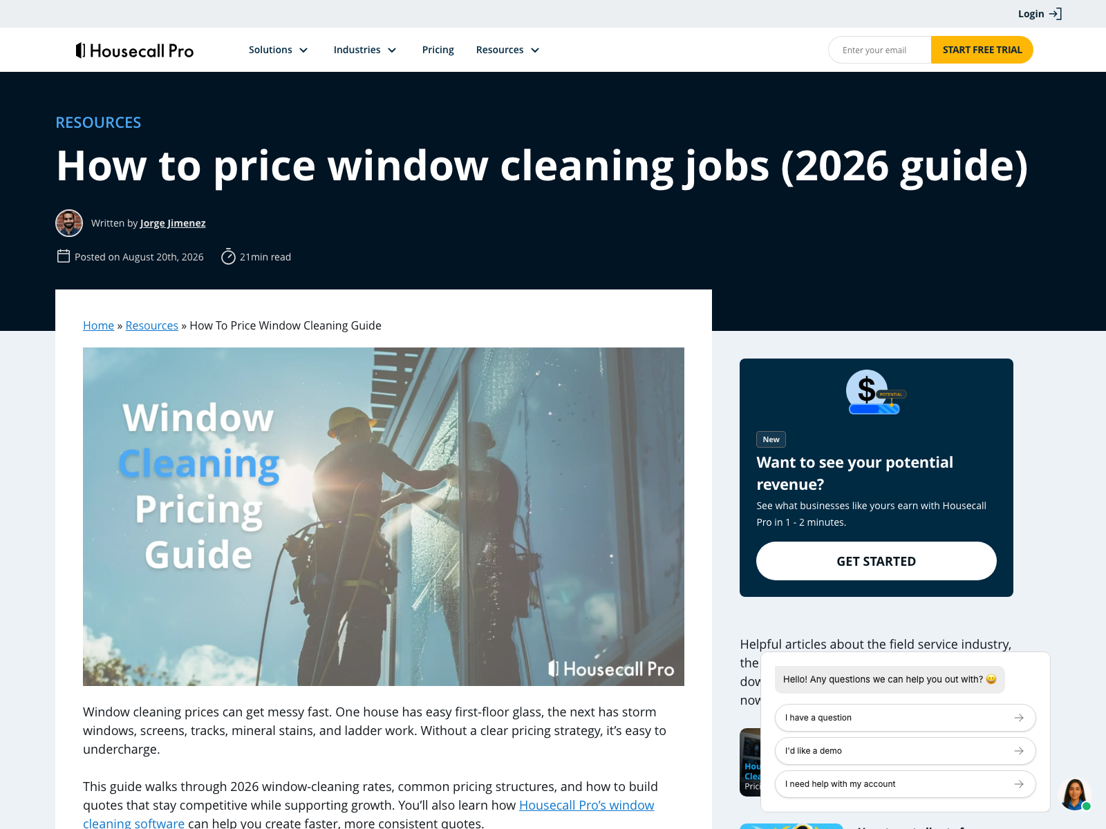 Housecall Pro 2026 window cleaning pricing guide covering rates, pricing structures, and quoting