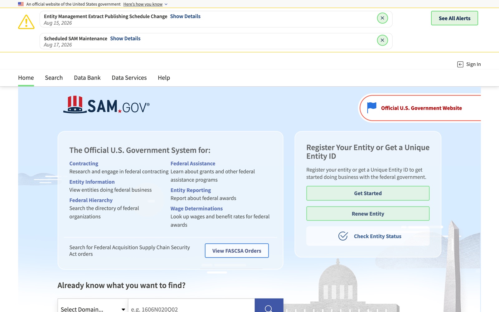 SAM.gov homepage, the official U.S. government system for federal contracting, with entity registration and contract search