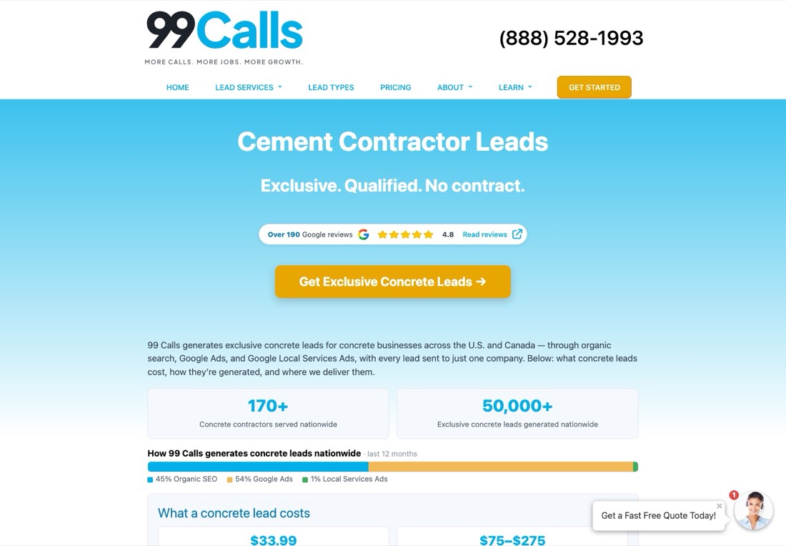 99 Calls cement contractor leads page listing organic leads at $33.99 and Google Ads leads at $75 to $275