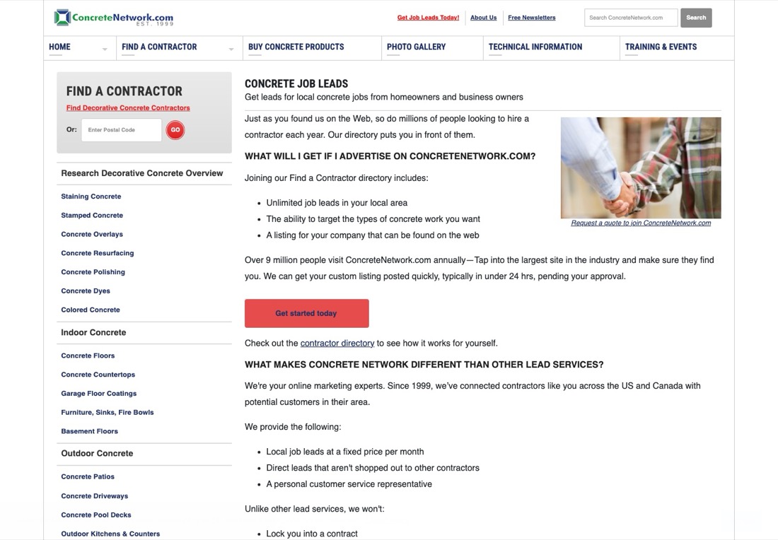 ConcreteNetwork job leads page for contractors