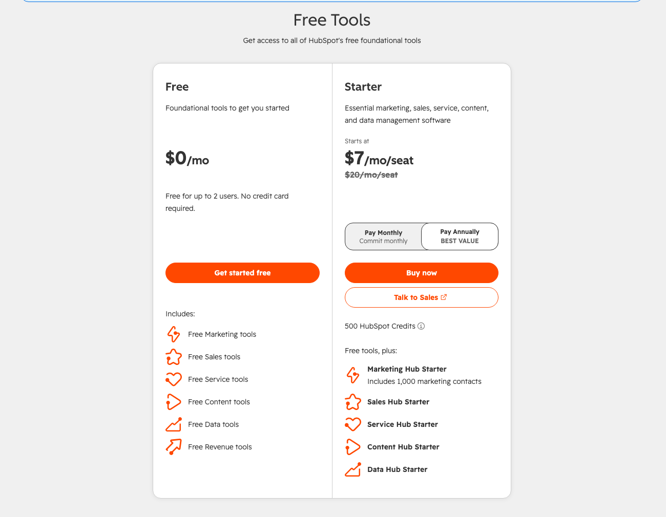 HubSpot pricing page showing Free for up to 2 users and Starter at $7 per seat per month, down from $20, with the Starter tier of every hub included