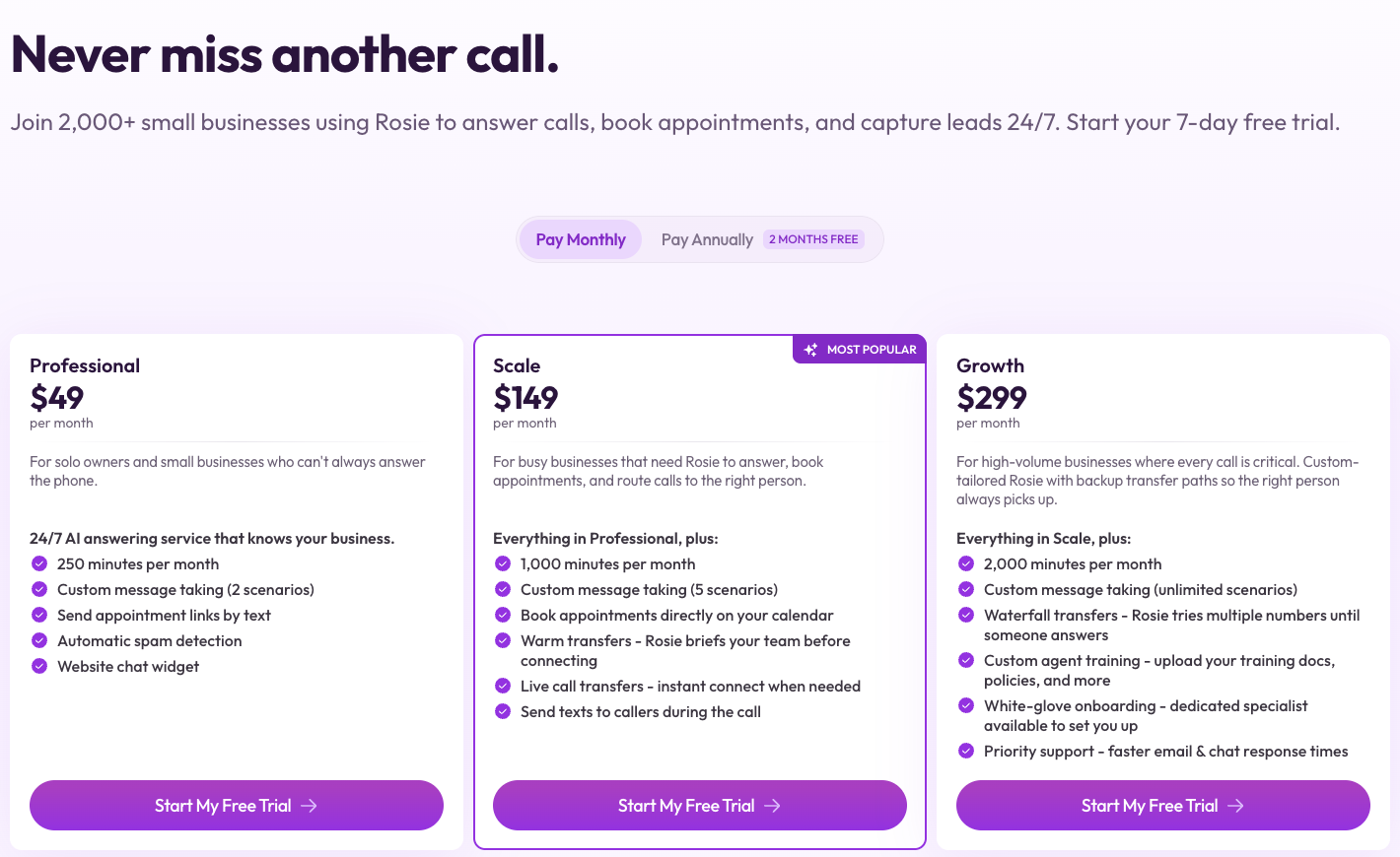 Rosie AI pricing page showing Professional at 49 dollars for 250 minutes, Scale at 149 for 1,000 minutes and Growth at 299 for 2,000 minutes per month
