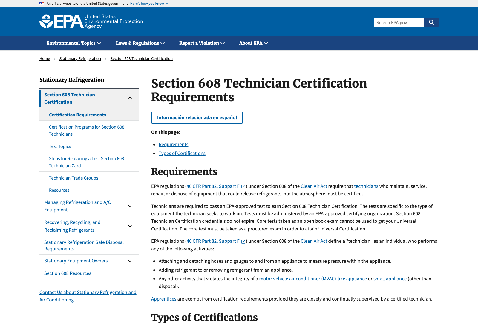 EPA Section 608 technician certification requirements page listing who must be certified and the four certification types