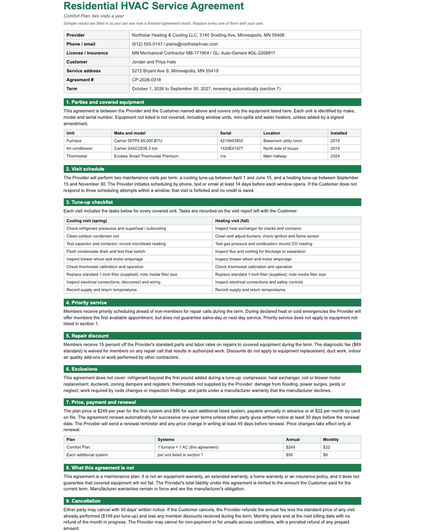 First page of the HVAC service agreement template: provider and customer header, covered equipment by serial number, the two-visit schedule and the start of the tune-up checklist