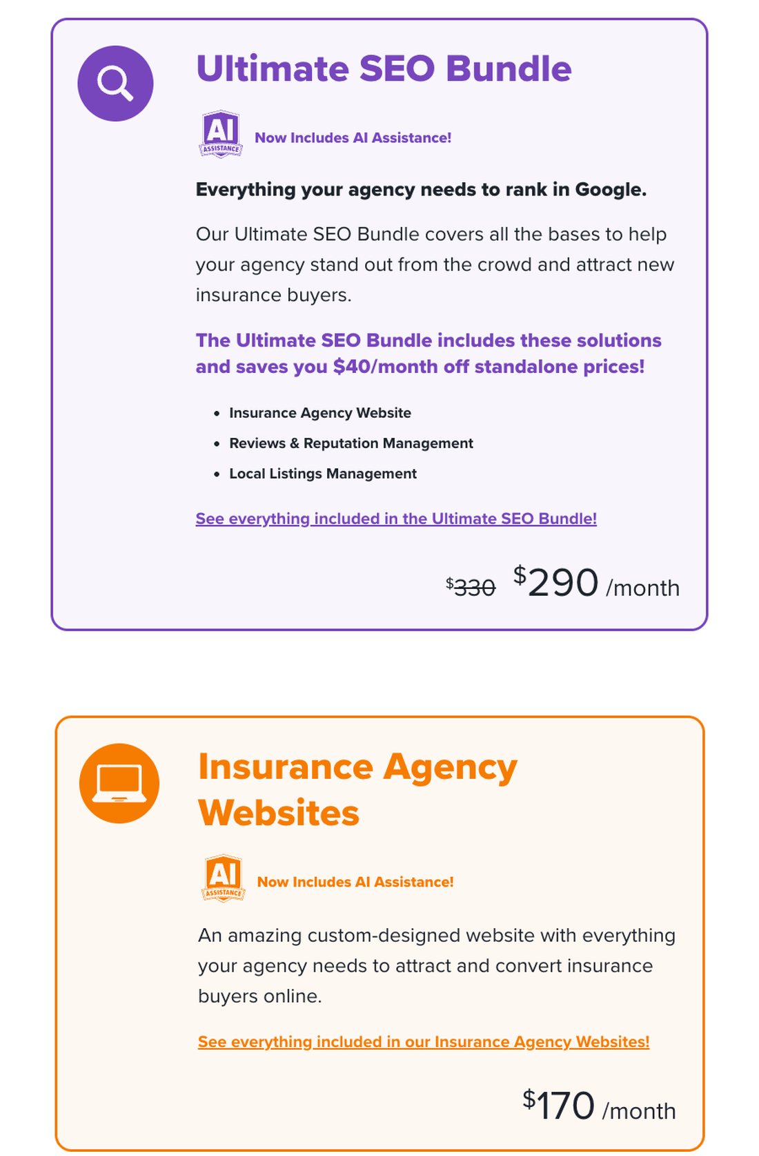 BrightFire pricing page showing the Ultimate SEO Bundle at $290 a month, reduced from $330, and Insurance Agency Websites at $170 a month