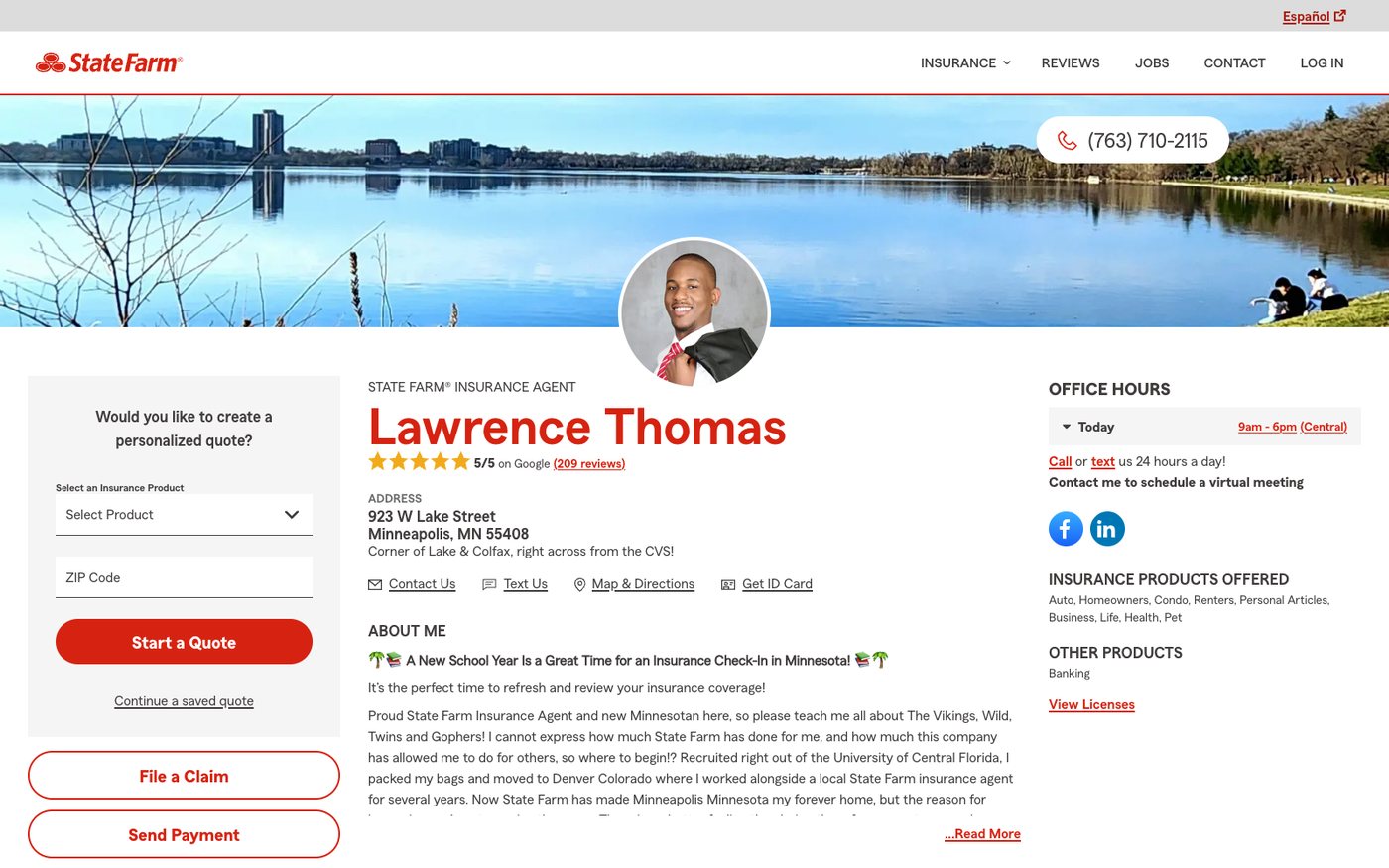 Lawrence Thomas State Farm agent page served on lakestreetinsurance.com, showing the State Farm header, a five out of five Google rating on 209 reviews, the office address and a quote widget