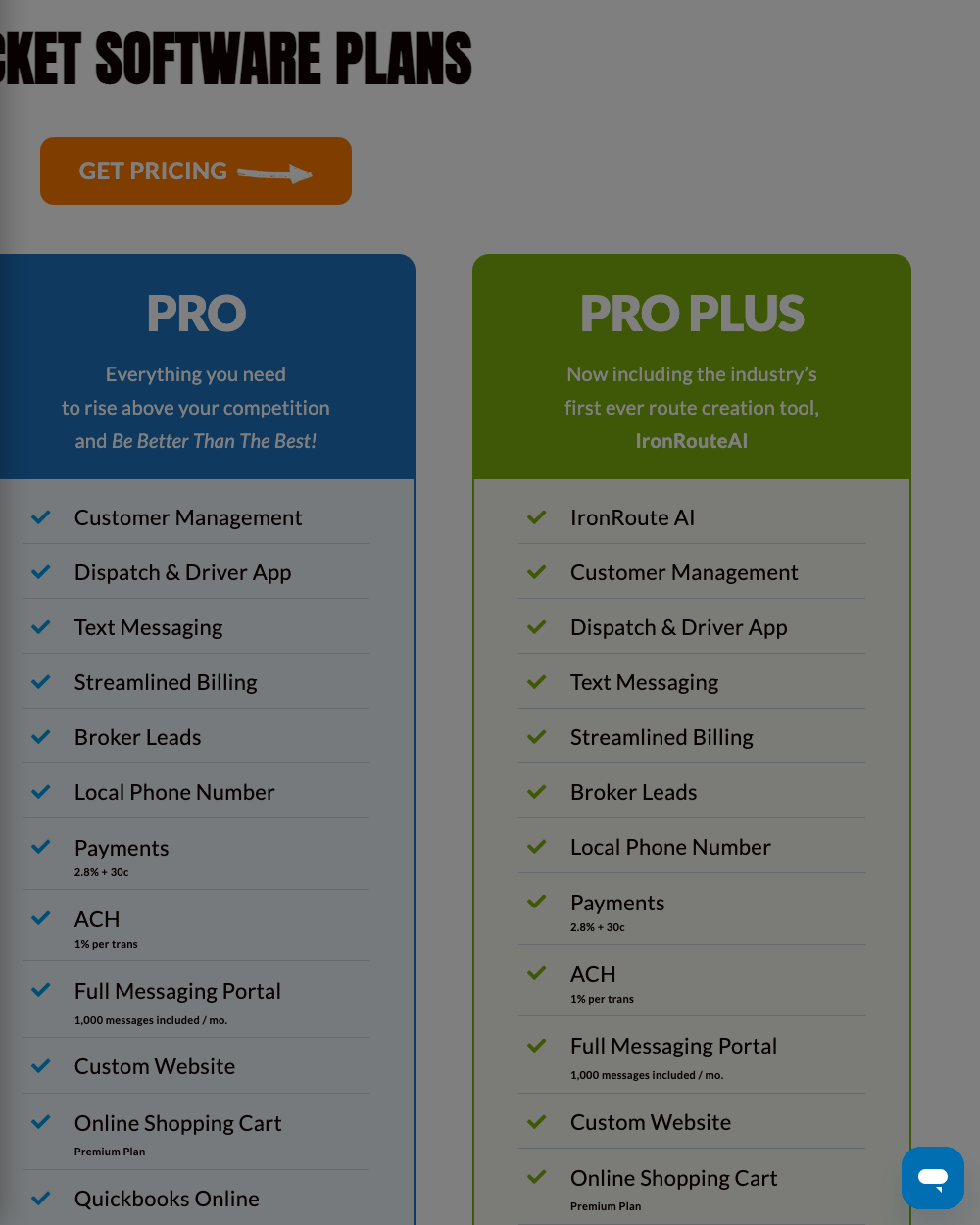 Docket software plans page showing Pro and Pro Plus tiers with dispatch, text messaging, broker leads, payment rates, and IronRoute AI routing