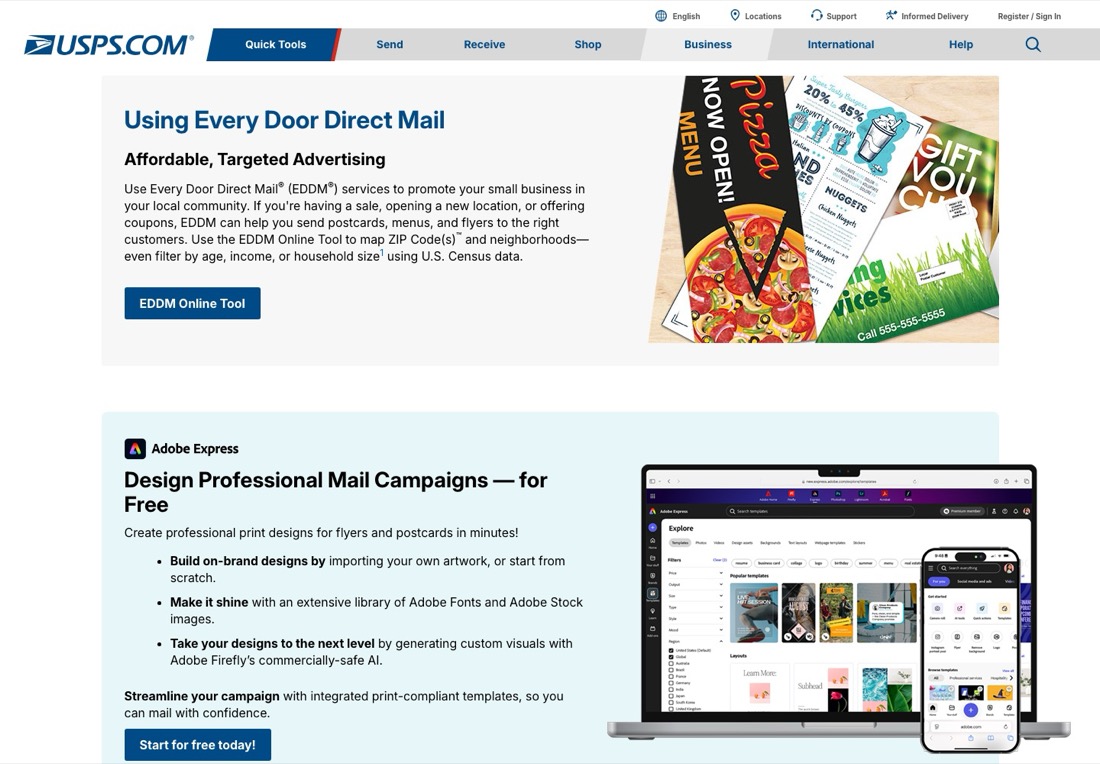 USPS Every Door Direct Mail page showing EDDM Retail at 26 cents per piece