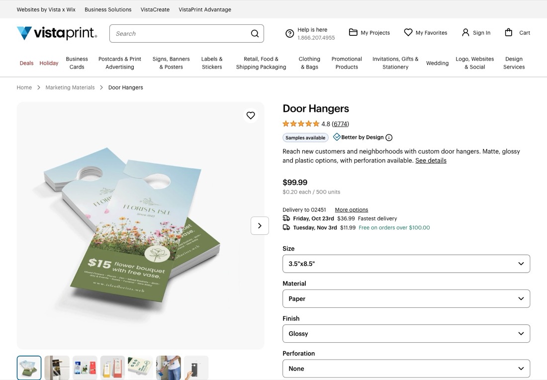 Vistaprint door hangers product page showing quantities from 50 to 10,000 and starting at 7 cents each at 2,000